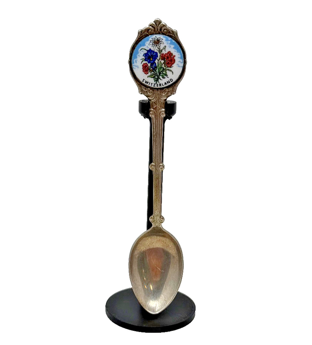 Vintage Switzerland Silver Plated Enamel Souvenir Spoon Floral Medallion